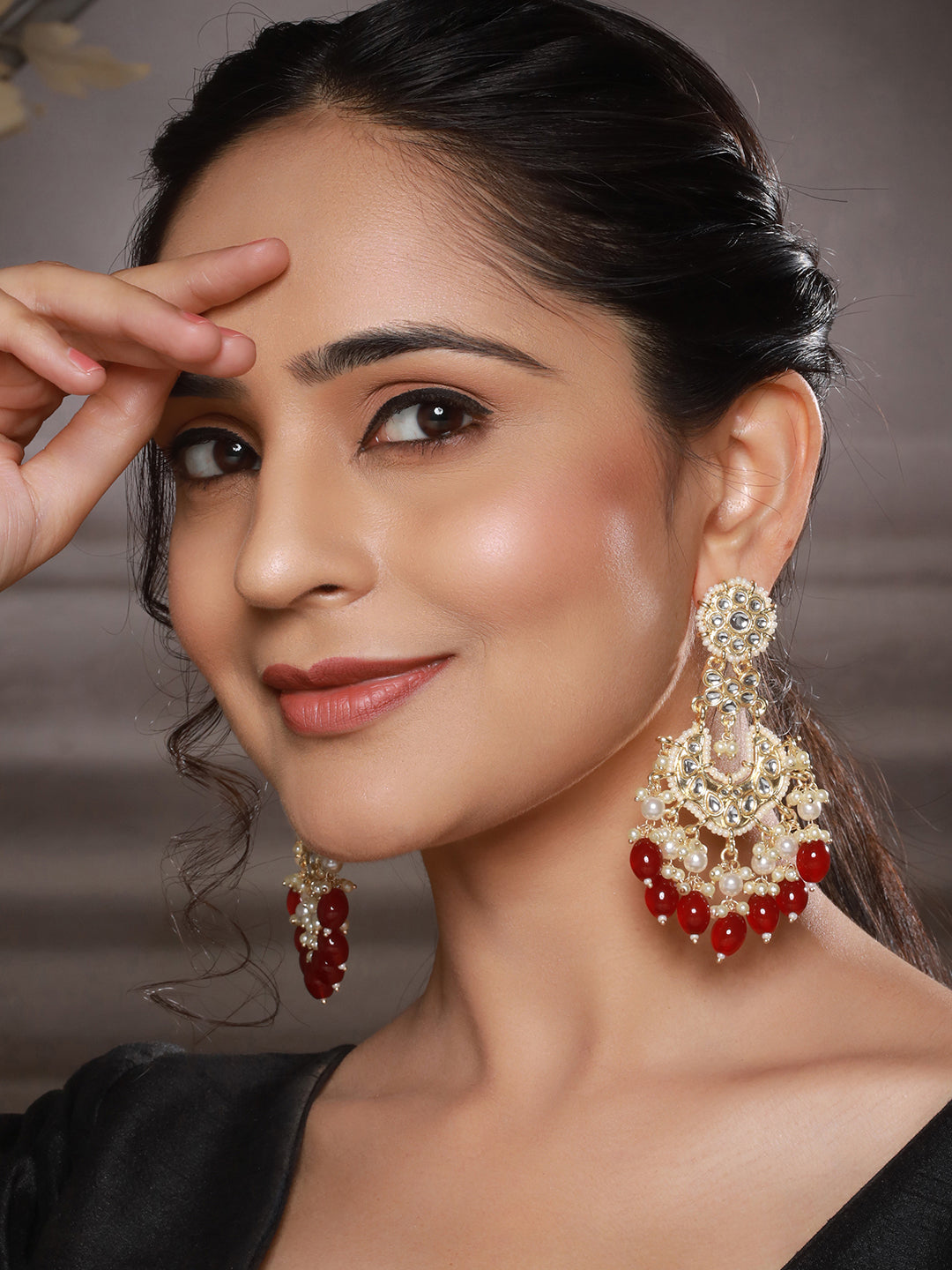 Gold Toned Kundan &  Maroon Pearl Beaded Delicate Floral Chandbali Earrings